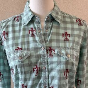 Barn Fly Trading Western Snap Shirt Womens Small Thunderbird Plaid Cotton